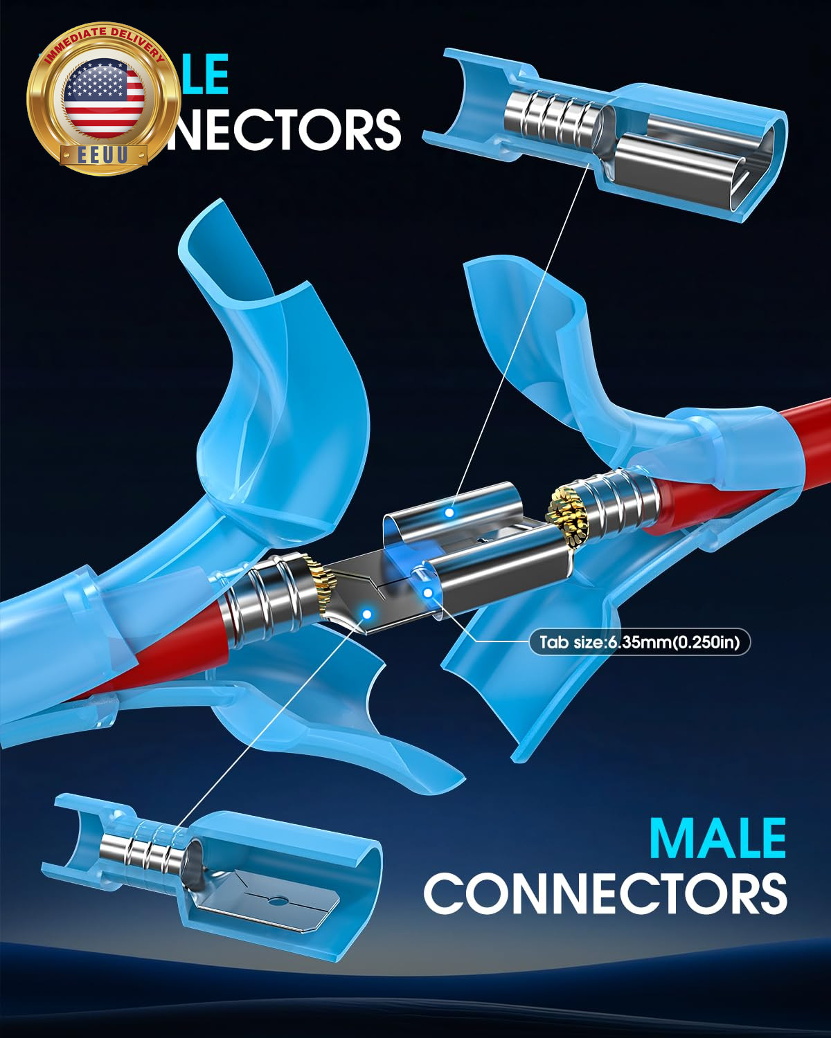50 Pcs Electrical Male& Female Spade Connectors, 22-16 16-14 12-10 AWG Gauge Wir