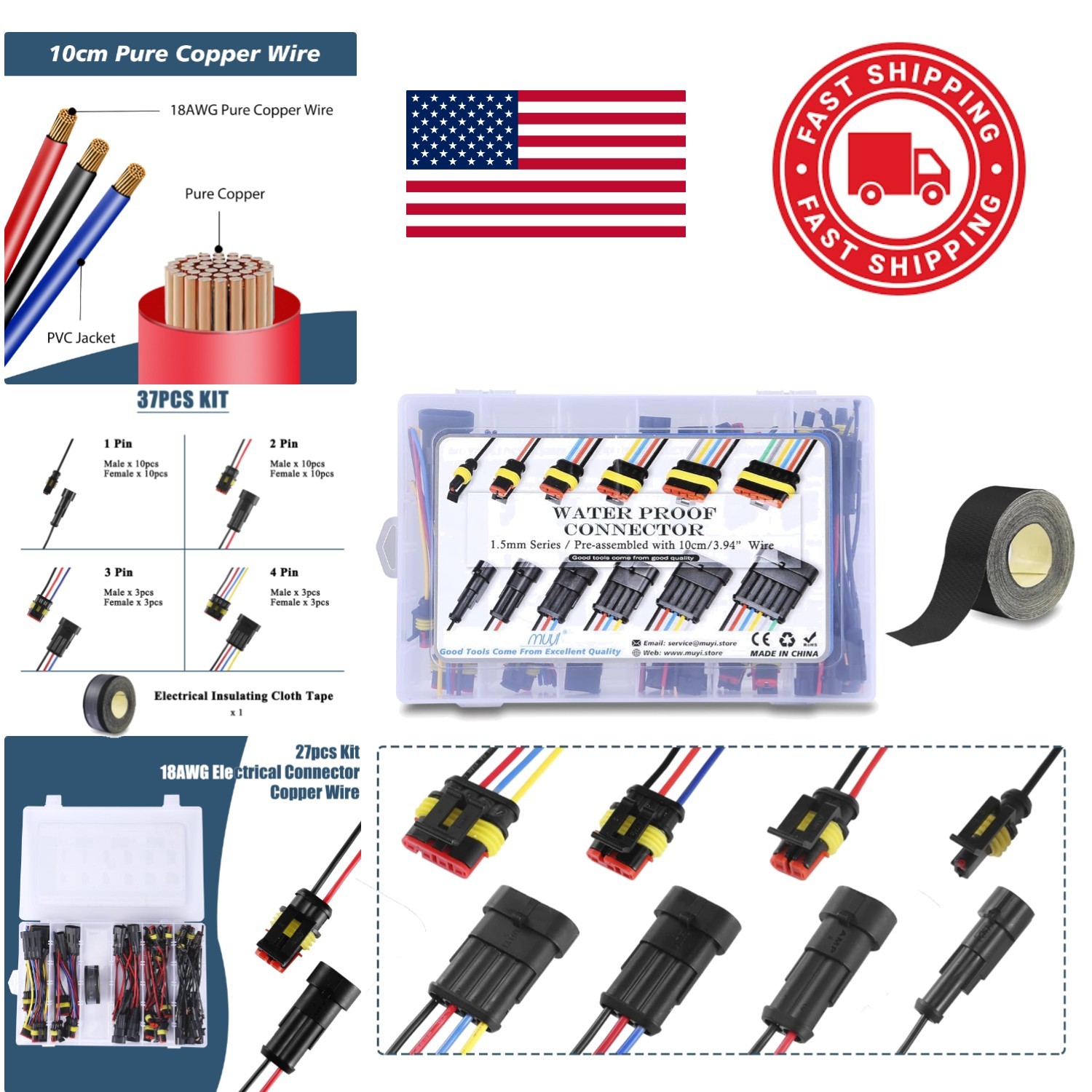 1 to 6 Pin Way Waterproof Connector 18AWG 26 Sets for Automotive Wiring