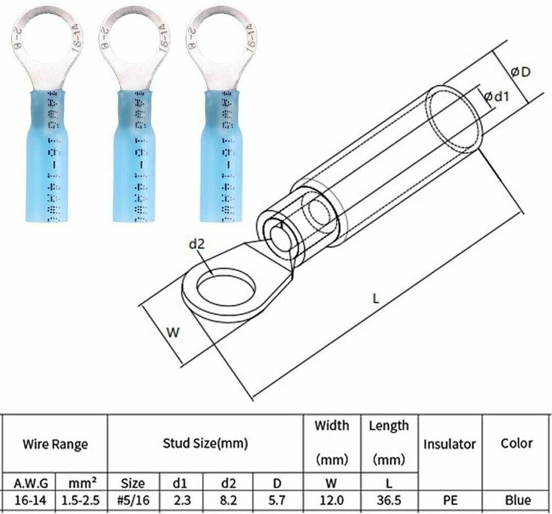 50/200Pcs Ring Eyelet Heat Shrink Wire 16-14AWG Gauge Connectors Terminals Kit