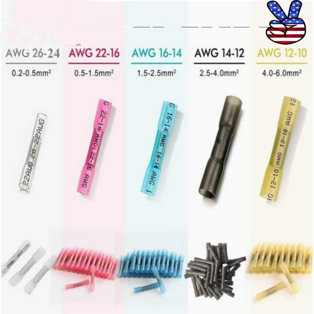 Copper 3:1 Ratio Heat Shrink Butt Wire Crimp Connectors Terminals Kit 22-14AWG