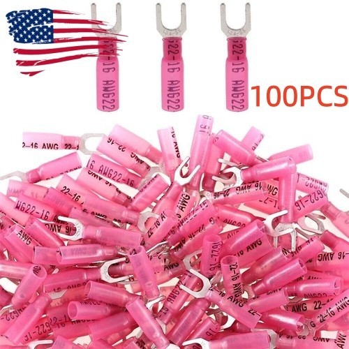 100pcs Pre-Insulated Electrical Heat Shrink Fork Wire Spade Crimp Terminals