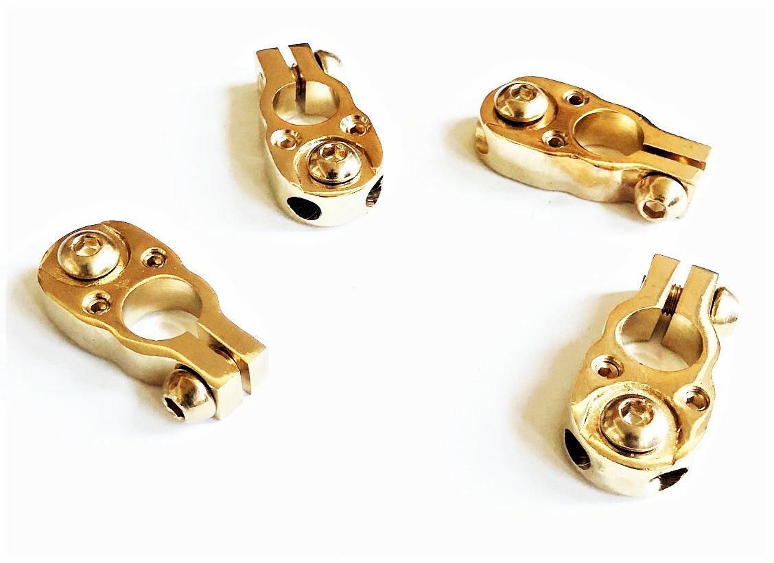 4 DEKA SOLID BRASS GOLD PLATED 2 OUTPUT 8 AWG GAUGE TOP POST BATTERY TERMINALS
