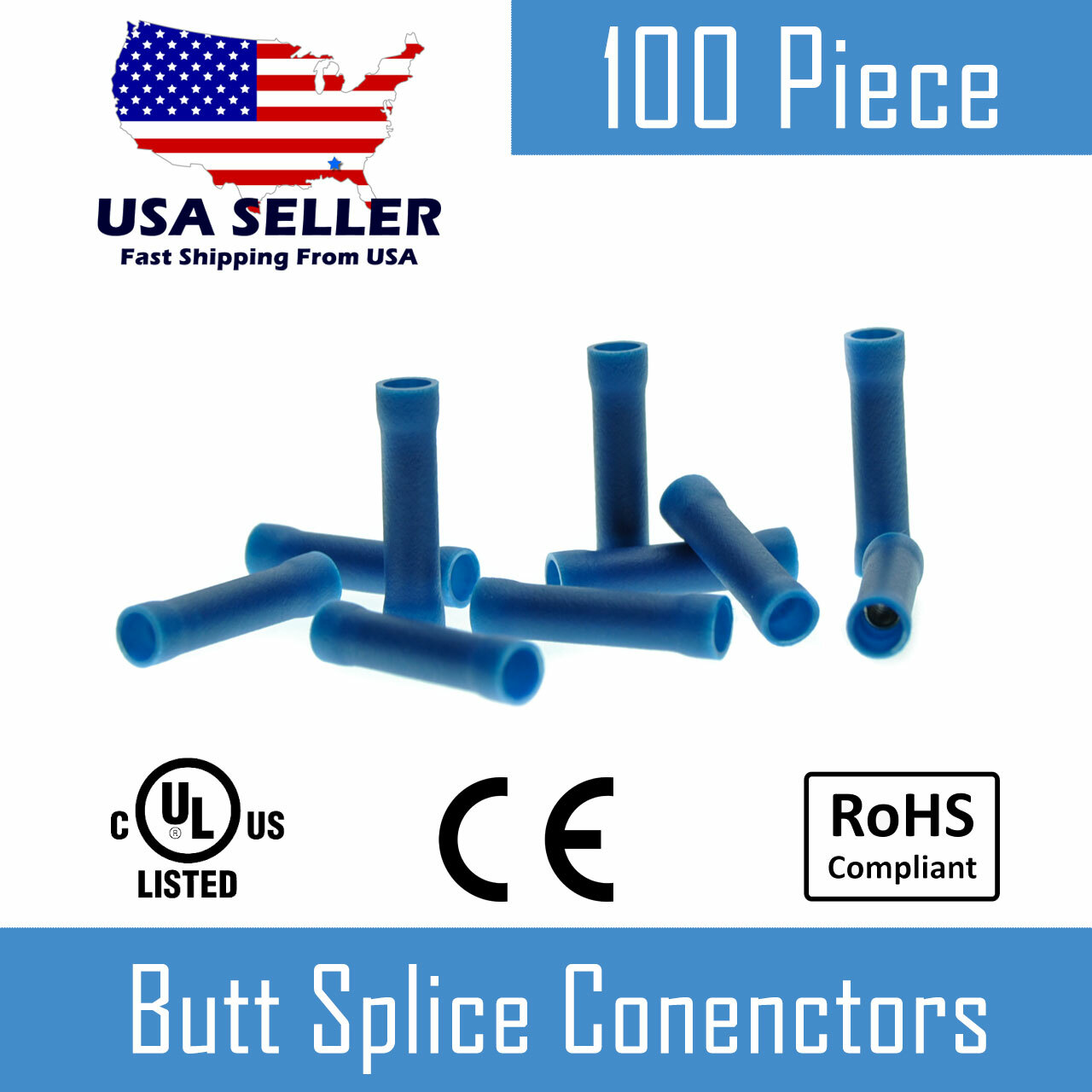 100 Pc Butt Splice Wire Crimp Connector 16-14 Gauge Blue Vinyl Insulated Brass