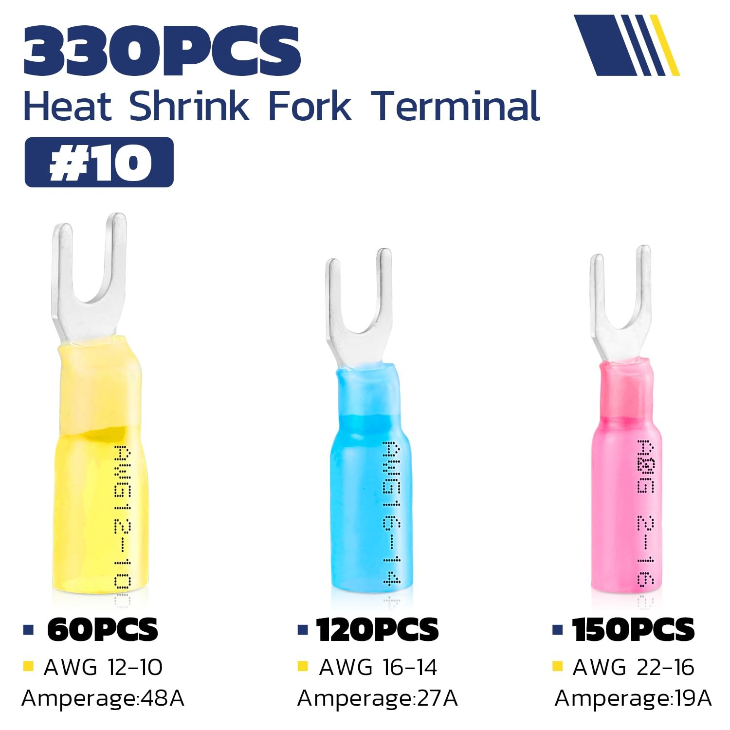 330 PCS Heat Shrink Fork Spade Connectors #10 Waterproof Marine UType Blue