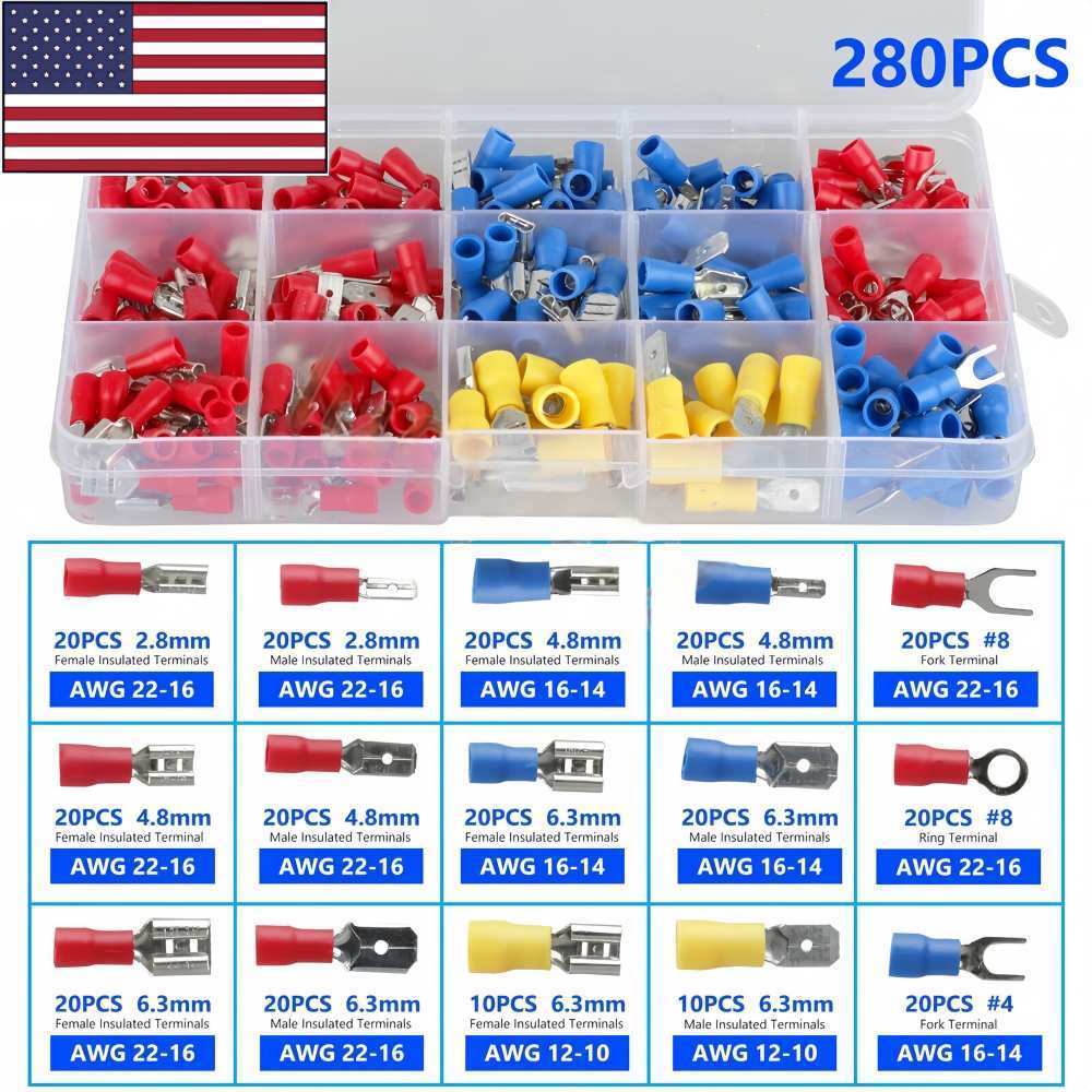 280Pcs Assorted Insulated Electrical Wire Terminals Crimp Connectors Spade Kit