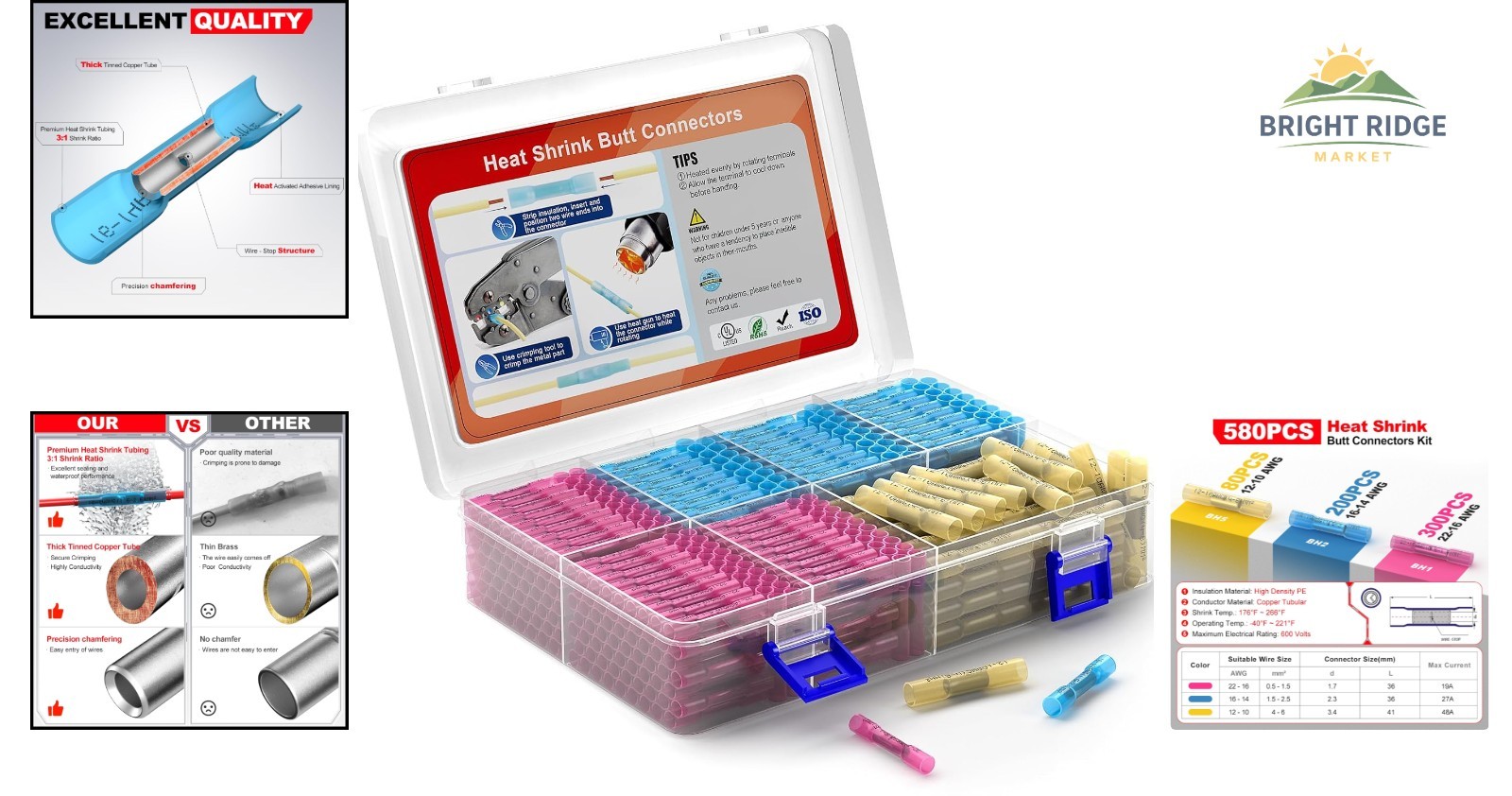 Heat Shrink Crimp Connectors 580 pcs Set for Auto Marine Electrical Projects