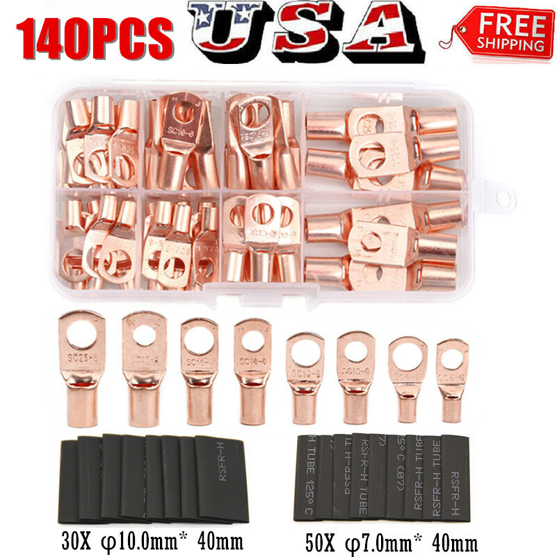 140PCS Wire Ring Copper Terminal Lug SC Battery Welding Bare Connectors Set Kit