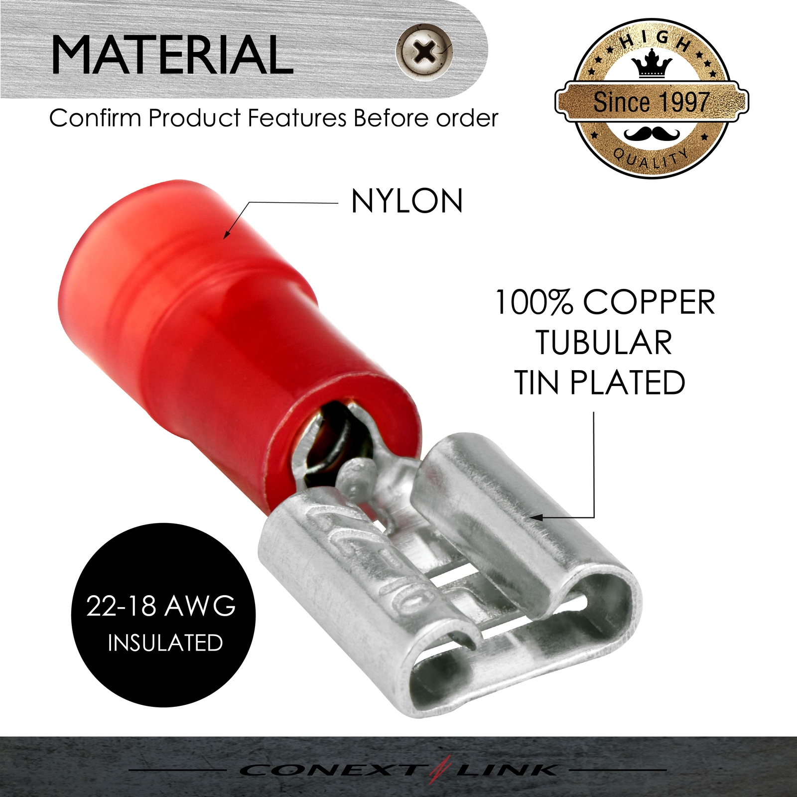 100 Nylon Female Quick Disconnect Terminal 22-18 GA AWG gauge Red 0.250″ Wire