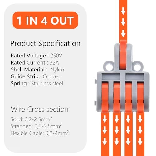 10Pcs Lever Wire Connectors, 1 in 4 Out DIY Mini Quick Terminal Block Compact