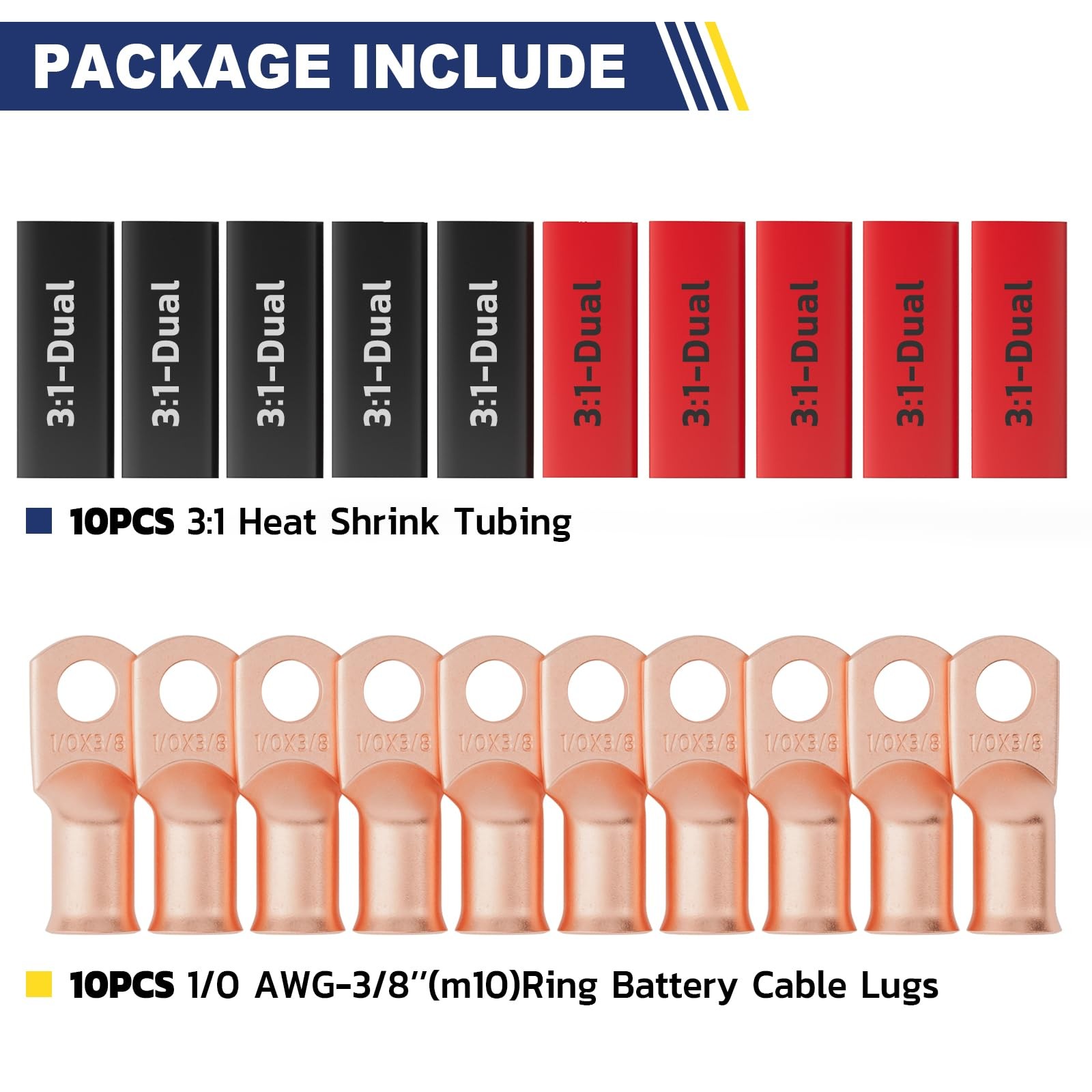 haisstronica 20PCS Battery Cable Lug & Heat Shrink Kit 1/0 AWG 3/8″ (M10) | 1…