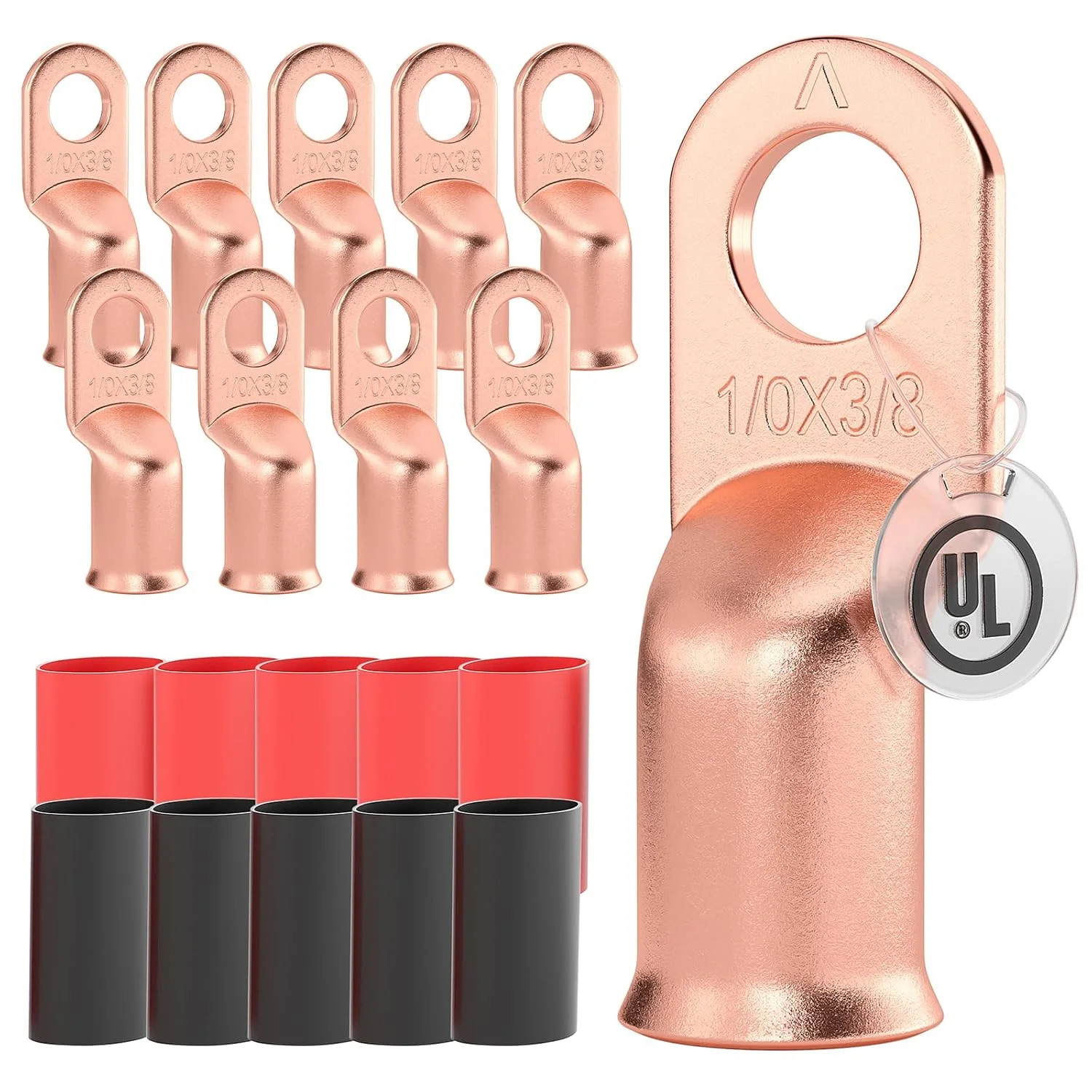AIRIC 10 PCS UL Listed 1/0 AWG – 3/8″ Battery Cable Lugs, Heat Shrink Ring Termi