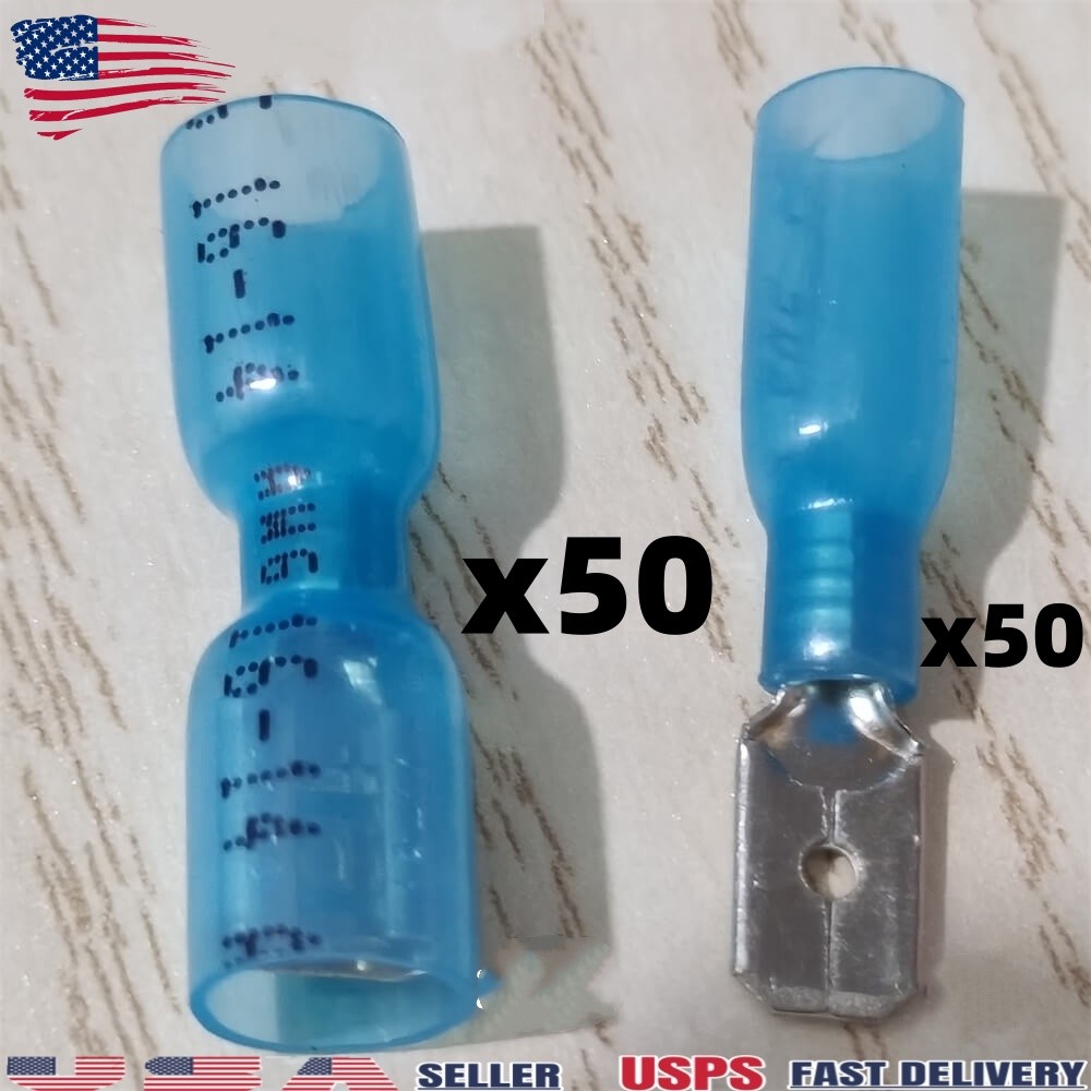 100PCS Blue Heat Shrink Crimp Spade Terminals Wire Connectors Kit 14-16Gauge AWG