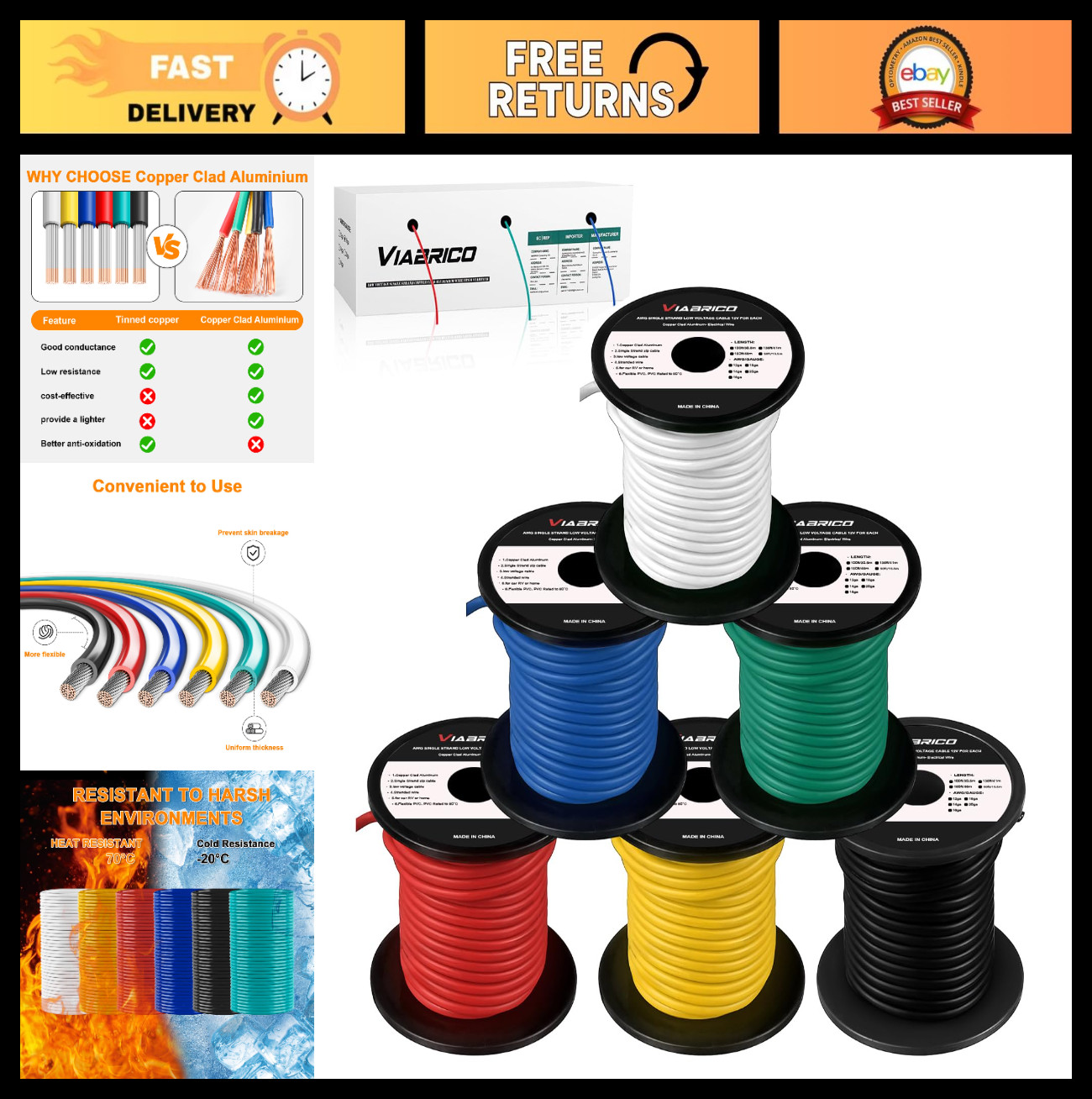 10 Gauge Wire 600FT – 10 AWG Low Voltage Electrical Wire, 6 Colors, Hookup Kit f