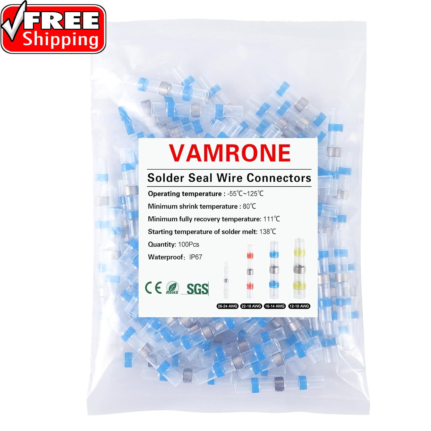 100PCS Blue Waterproof Solder Seal Wire Connectors 16-14 AWG, Heat Shrink Butt C