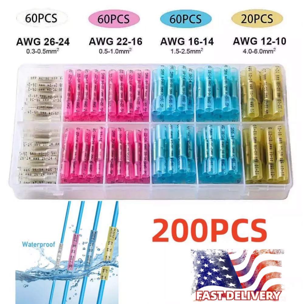 200X 26-10AWG Heat Shrink Butt Connectors Electrical Wire for Marine Motorcycle