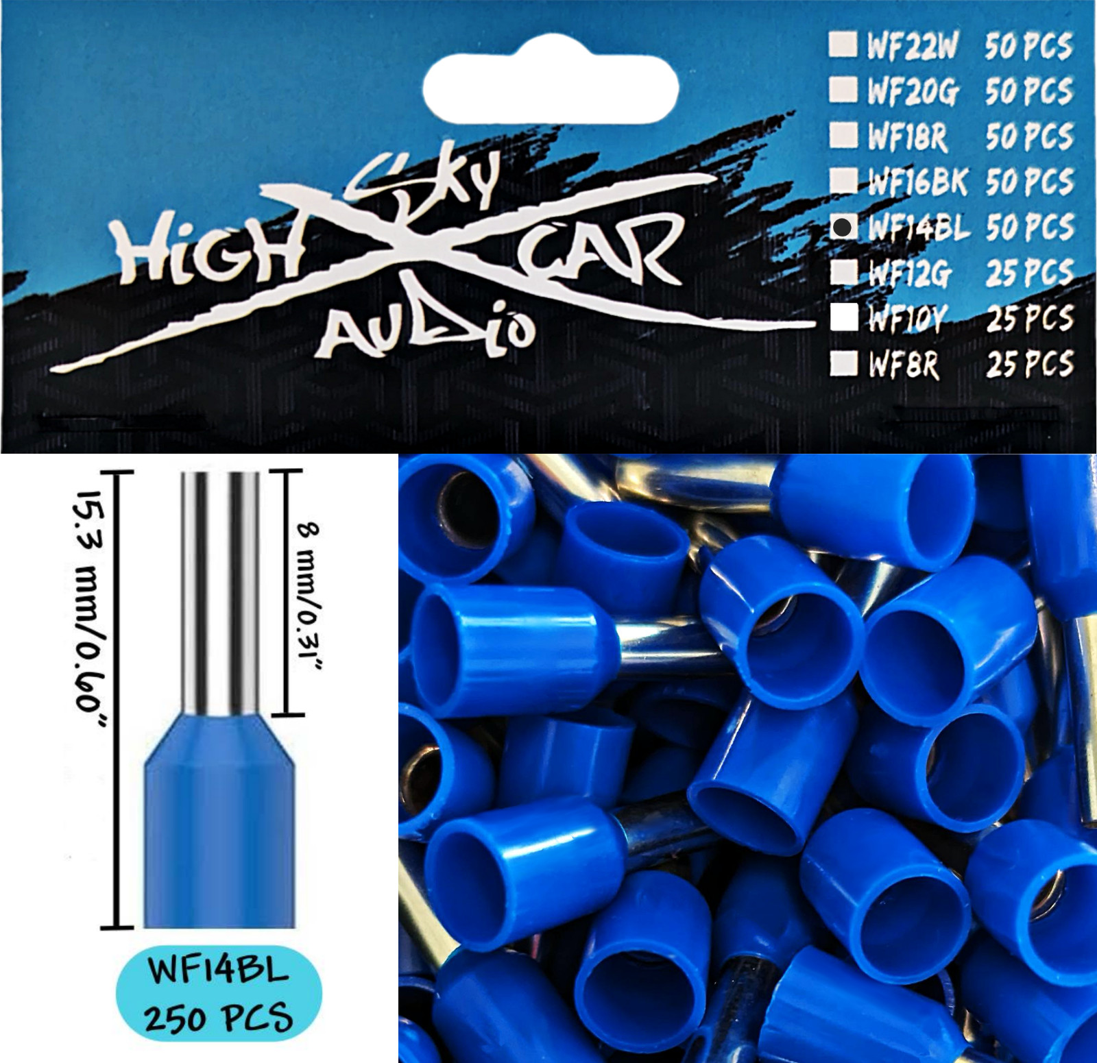 Sky High Car Audio Insulated Aluminum Wire Ferrules 14 Gauge 50 pieces – Blue