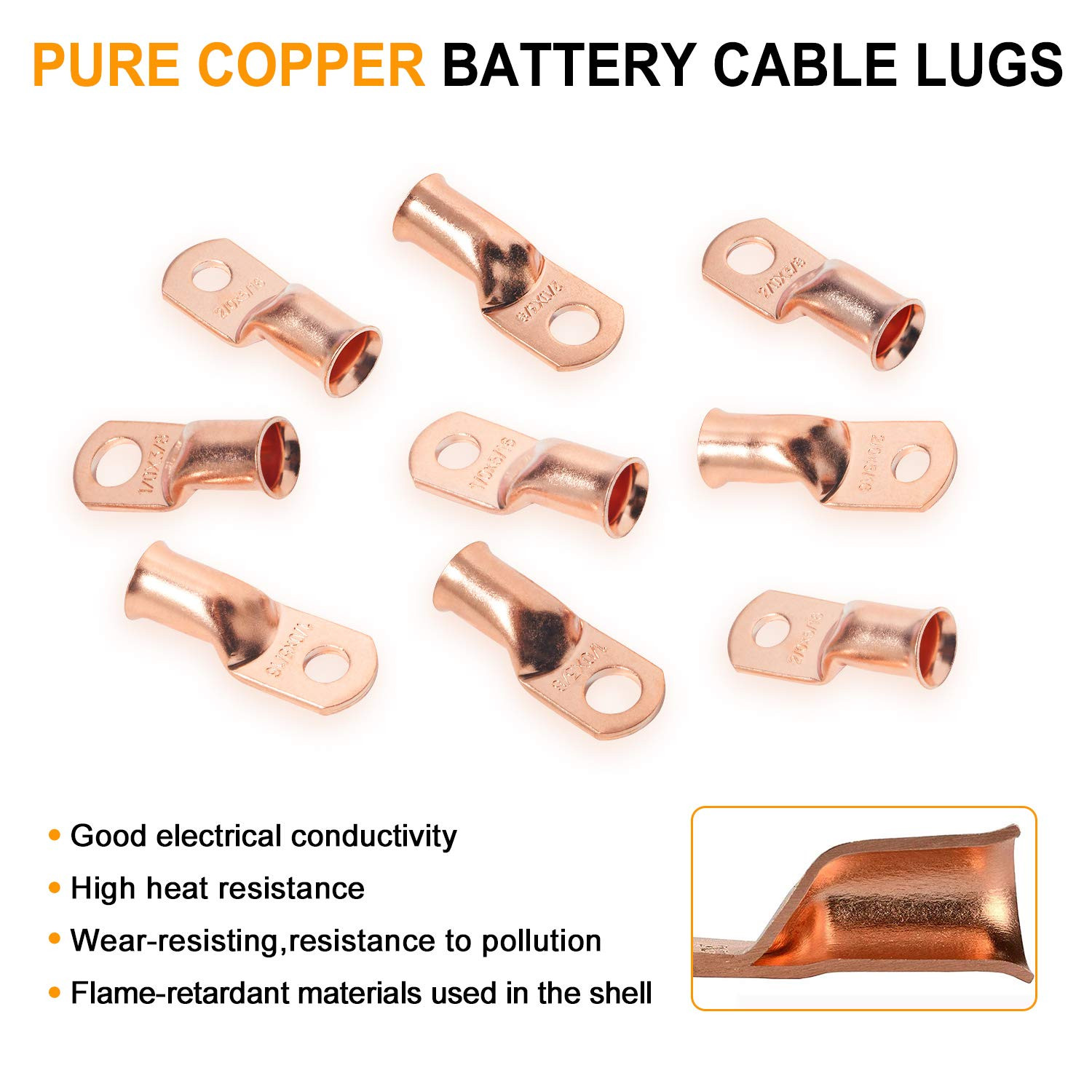 SVAAR 10Pcs 4 Awg-3/8″Ring Terminals Cable Lug Wire Lug Battery Cable Ends Crim