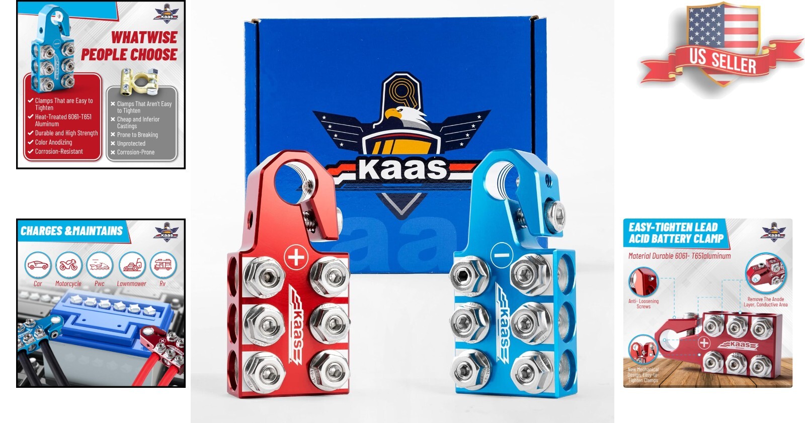 Easy-Tighten Aluminum Battery Terminal Clamps – Red & Blue Positive/Negative