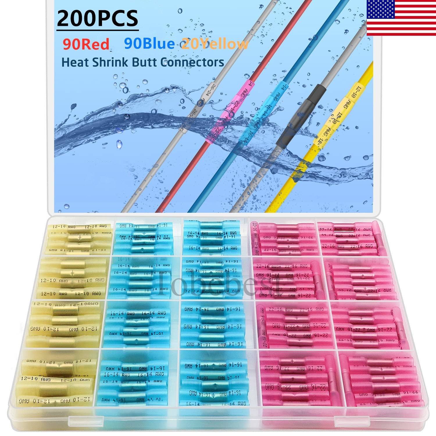 200PC Heat Shrink Butt Red Blue Yellow Waterproof Wire Connectors Seal Terminals