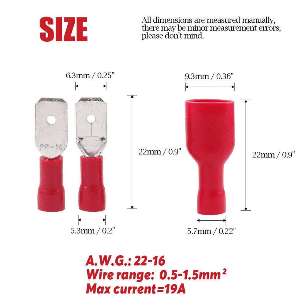 100pcs 6.3mm Spade Terminal 22-16AWG Wire Connector Quick Disconnect Female Male