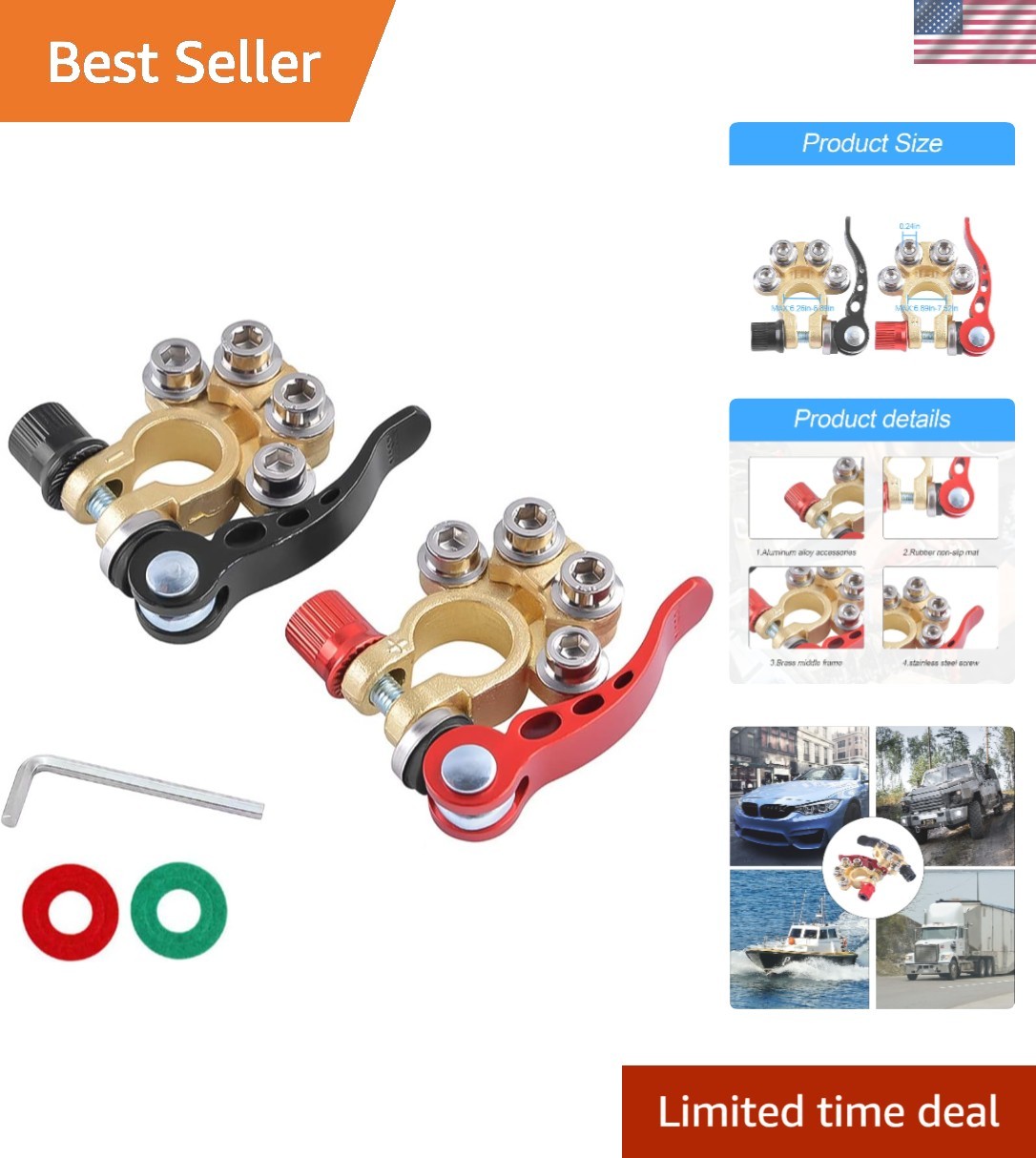 4-Way Quick Release Battery Terminal Clamps for SAE/JIS Auto Batteries, 2 Units