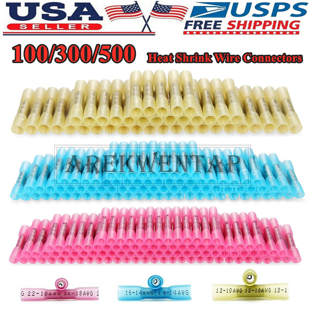 300PCS Heat Shrink Butt Wire Splice Connectors Crimp Terminals AWG 10-22 Gauge