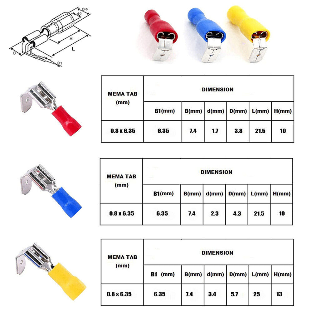 Red Blue Yellow PVC Insulated Piggyback Wire Crimp Connectors Spade Terminals