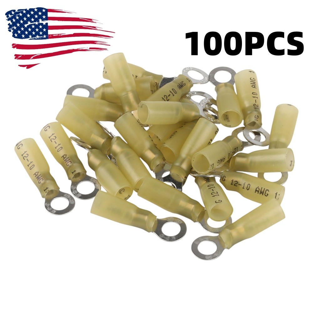 100Pcs Heat Shrink Ring Terminals Wire Connector Yellow 12-10 AWG Gauge 1/4 Hole