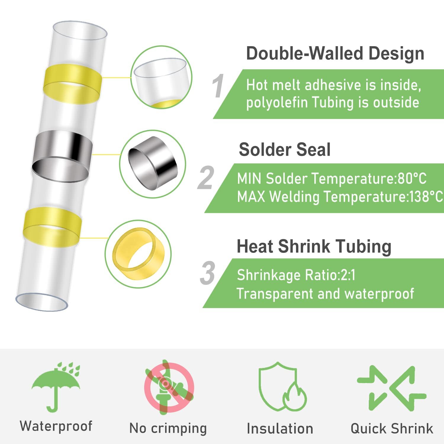 50/500x Waterproof Solder Seal Sleeve Heat Shrink Wire Connectors Butt Terminals