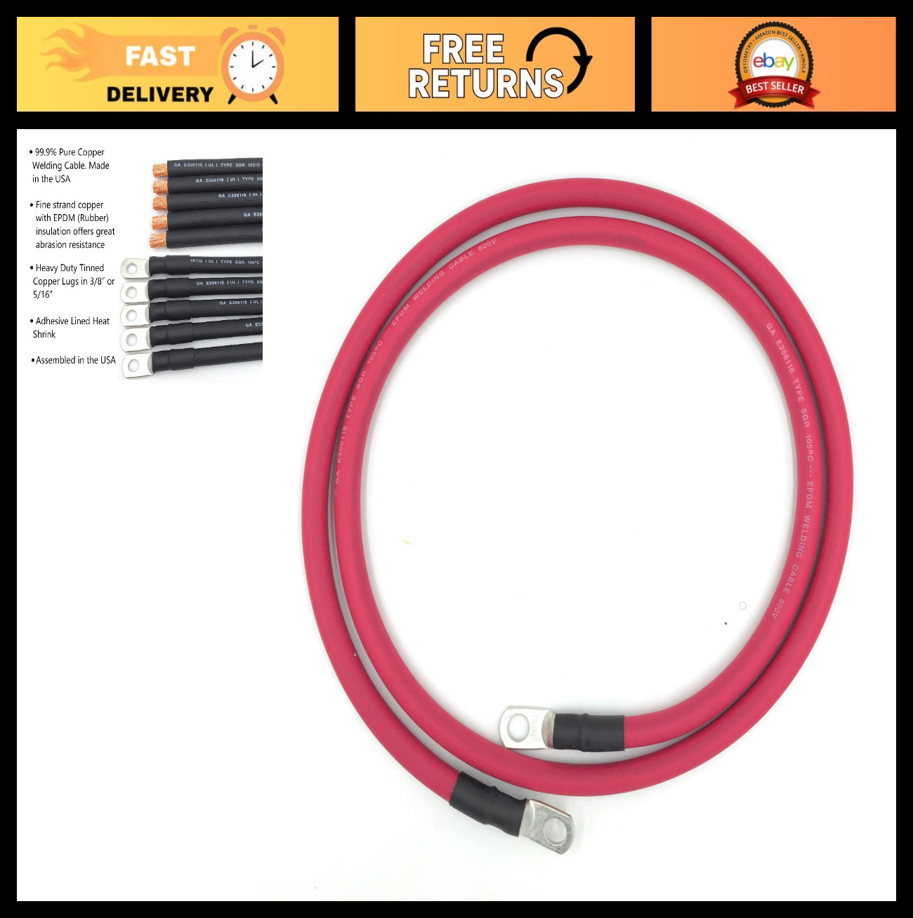 4 AWG Battery Cables, 1-15ft Lengths, Pure Copper, Positive/Negative Wire, RV/Ca