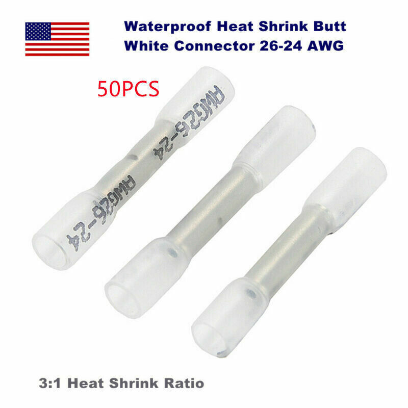 White Heat Shrink Butt Wire Connectors Crimp Terminals AWG 26-24 Gauge US 200Pcs