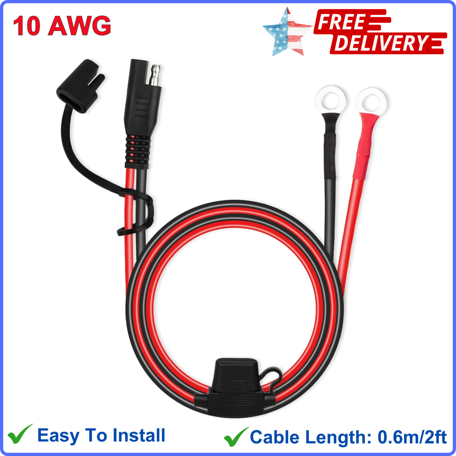 SAE Extension Cable 2FT 10AWG SAE Battery Connector, Ring Terminal Harness Cable