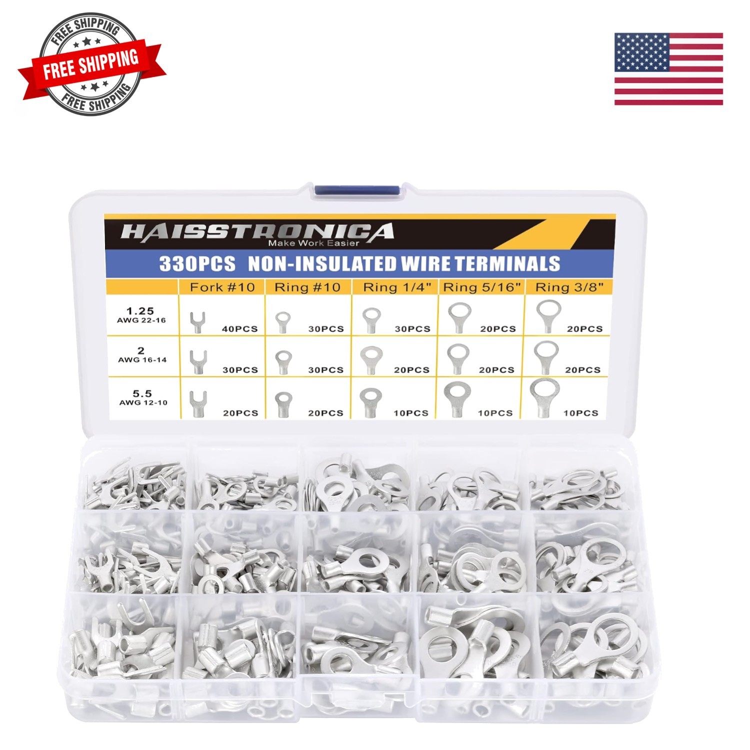 Ring Terminals,330PCS Non-Insulated Wire Connectors Kit,Brazed Seam Fork Ring…