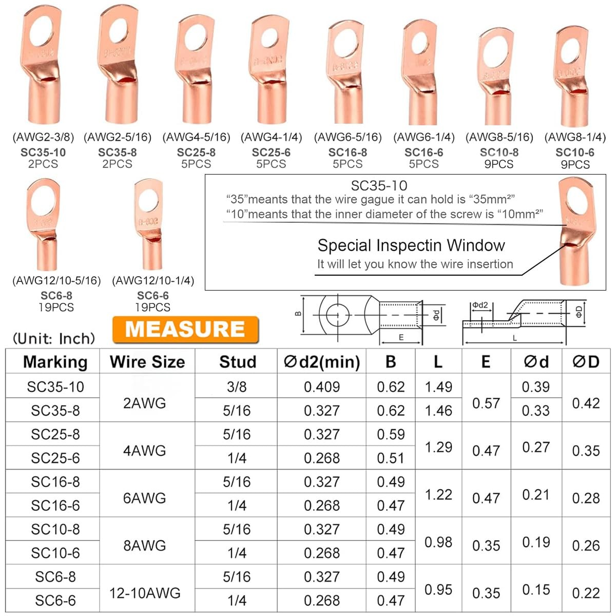 160Pcs Copper Wire Lugs AWG2 4 6 8 10 12 with 10 Kind Sizes