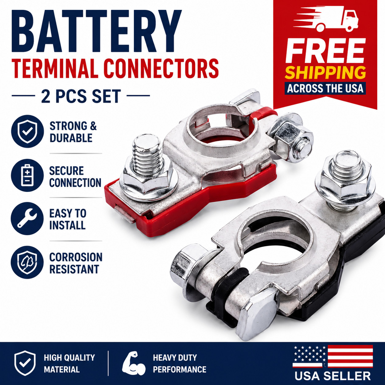 2 Car Battery Terminal Connector Top Post Positive Negative Heavy Duty Universal