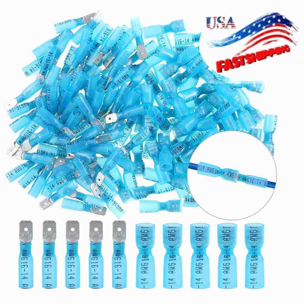 Blue 16-14 AWG Heat Shrink Connector Male Female Spade Crimp Terminal 50-200X