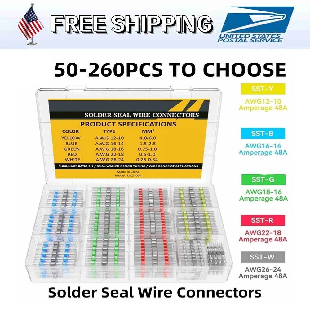 50-260PCS Solder Seal Sleeve Terminal 26-10AWG Heat Shrink Wire Butt Connector