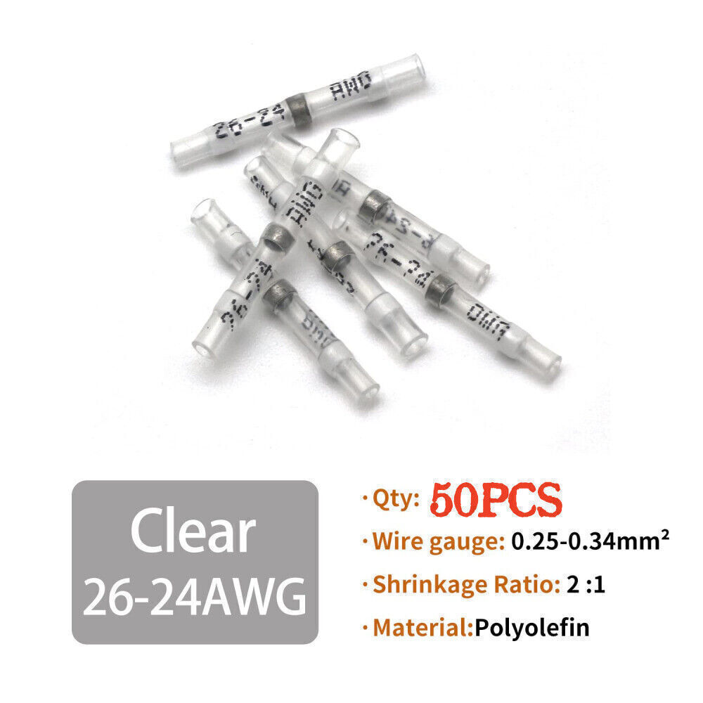 White 50pcs Solder Seal Sleeve 26-24AWG Heat Shrink Butt Wire Connector Terminal