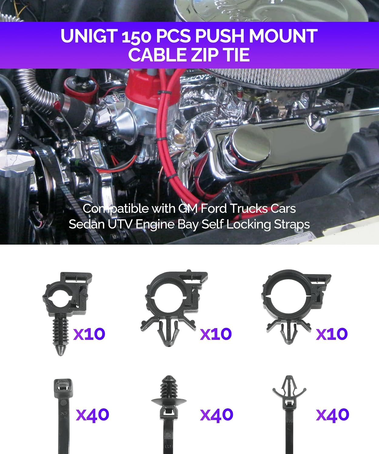 150pcs Automotive Wiring,Car Accessories Universal Push Mount Cable Zip Tie Engi
