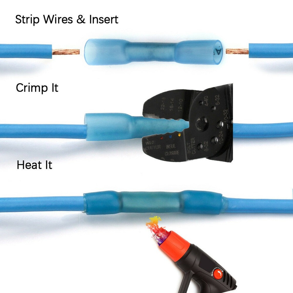 1000Pcs Butt Tube Heat Shrink Waterproof Blue Wire Connectors Crimp Terminal