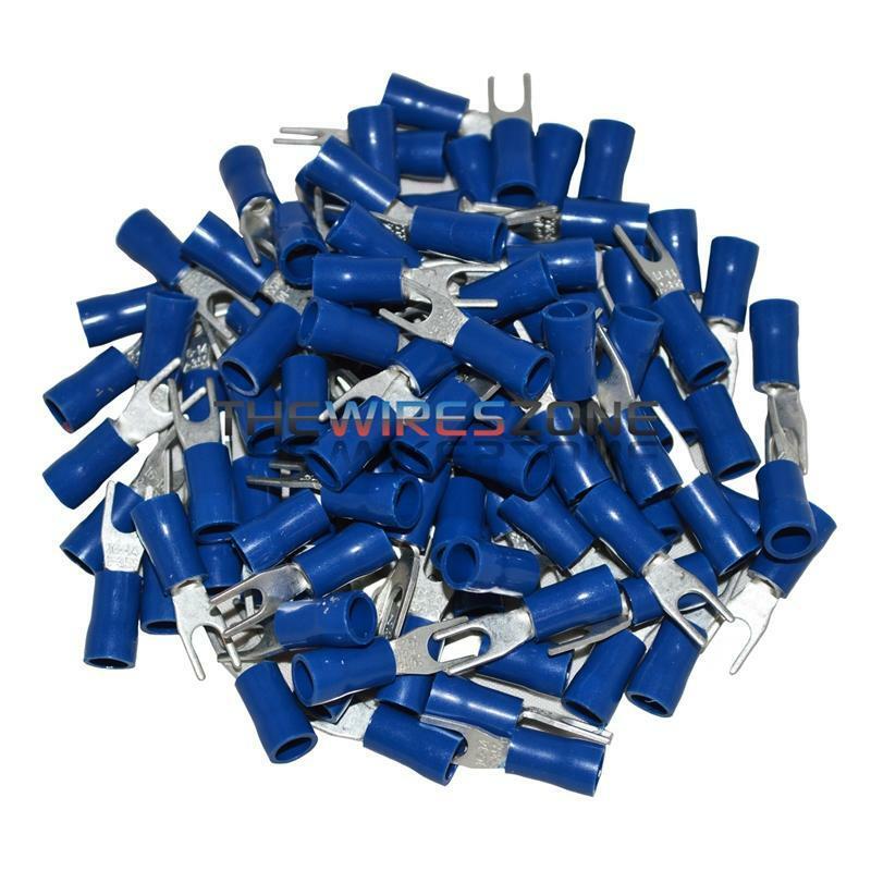 The Install Bay BVST6 Blue Vinyl 16-14 Gauge #6 Spade Terminal (100/pack)