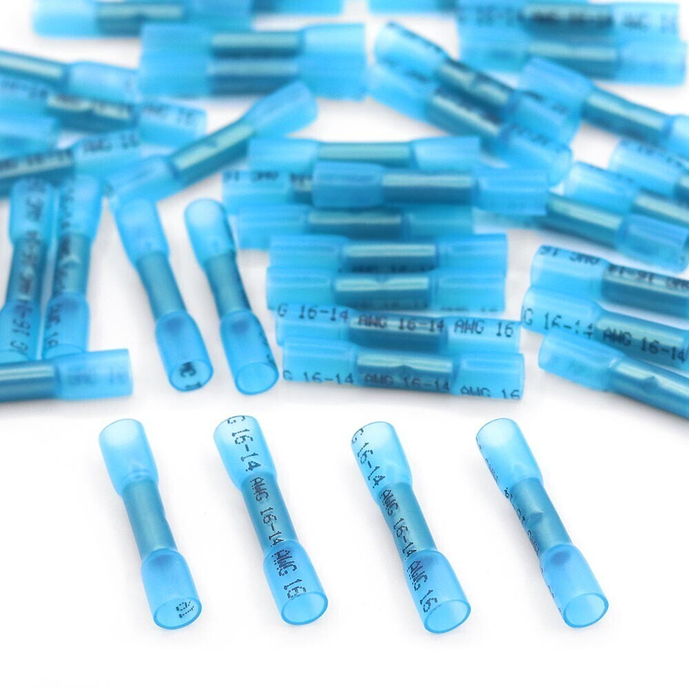 150PCS Blue Heat Shrink Butt Wire Connector Crimp Splice Terminal 14-16AWG Gauge