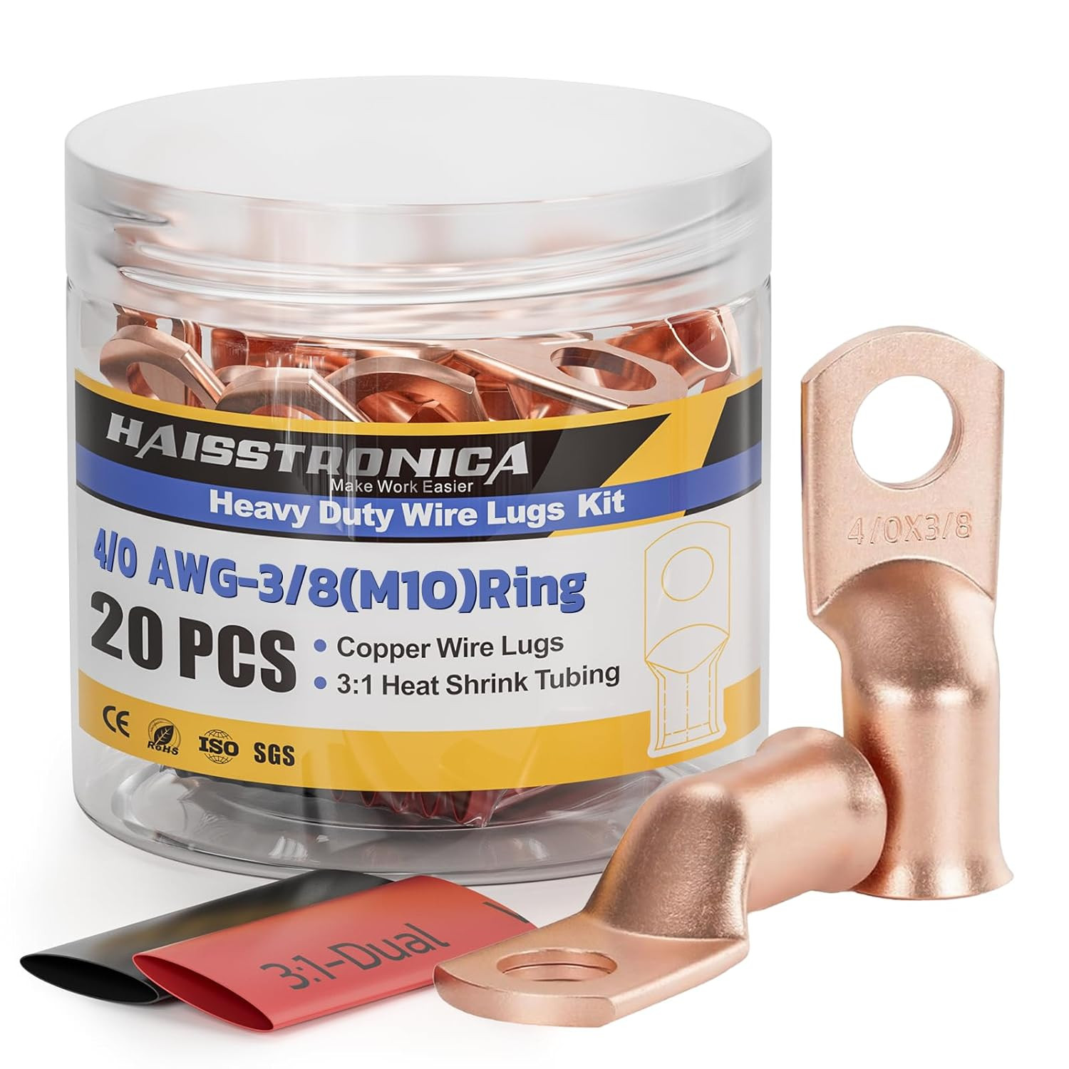 10Pcs 4/0 AWG – 3/8″(M10) Battery Cable Lugs, Heavy Duty Copper Wire Lugs with 1
