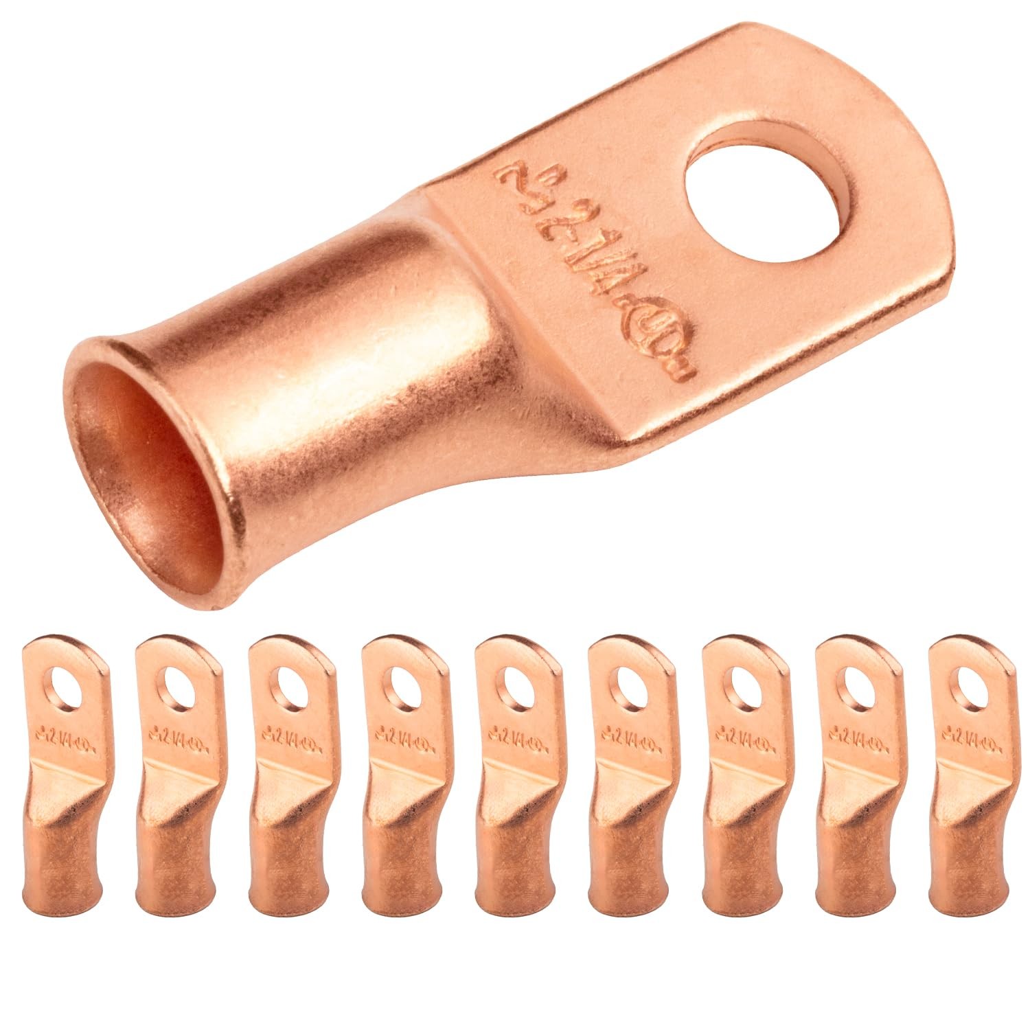 SELTERM 10pcs 2 AWG – 1/4″ Stud – 2 Awg – (M6) Ring, Bare Copper Lugs