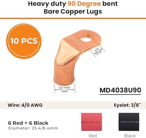SELTERM 10pcs – 4/0 AWG 3/8″ Stud – 90° Bent Battery Lugs – Ring Terminal Con…