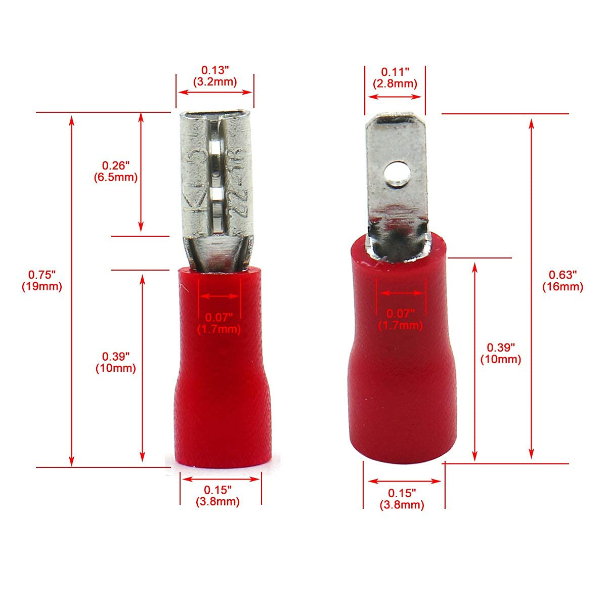 100 PACK 0.11″ Female/Male Insulated Spade Wire Connector 22-16 AWG 2.8 x 0.5mm