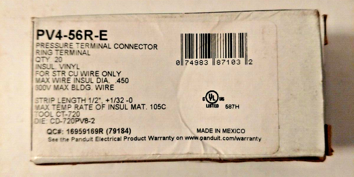 Yellow Wire Ring Terminals 5/16″ Stud, Wire Sive 4 – Panduit PV4-56R-E Qty:19
