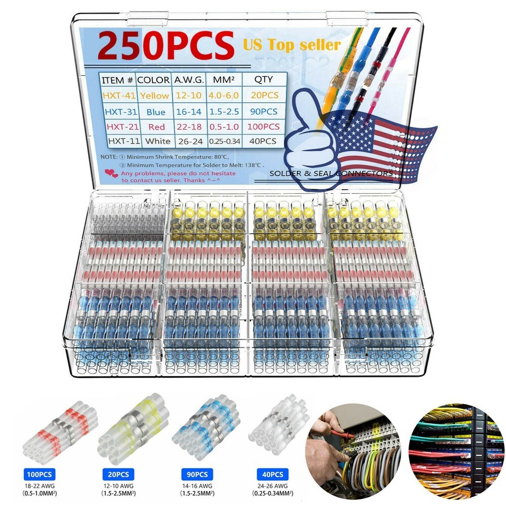 250pcs Solder Seal Sleeve Heat Shrink Wire Terminal Connector Kit Set Waterproof