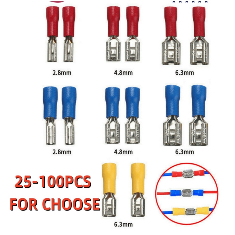 Assorted Insulated Electrical Wire Terminal Crimp Connectors 2.8-6.3mm 25-100PCS