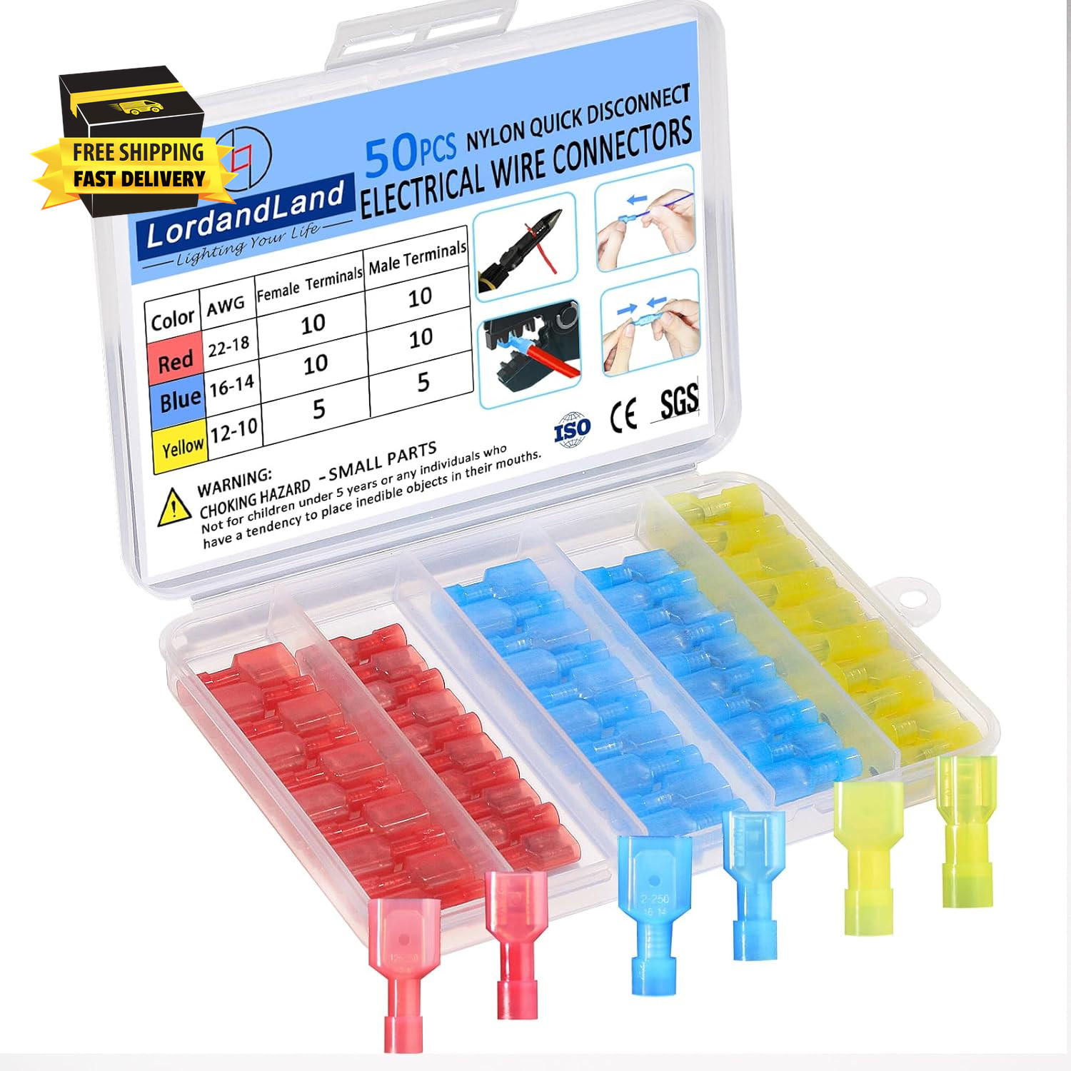 50PCS Nylon Spade Quick Disconnect Connectors Kit 22-10 AWG Male and Female Elec